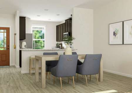 Rendering of the dining room with the
  kitchen visible in the background. The dining area has wood-style flooring, a
  rectangular wooden table and four chairs.