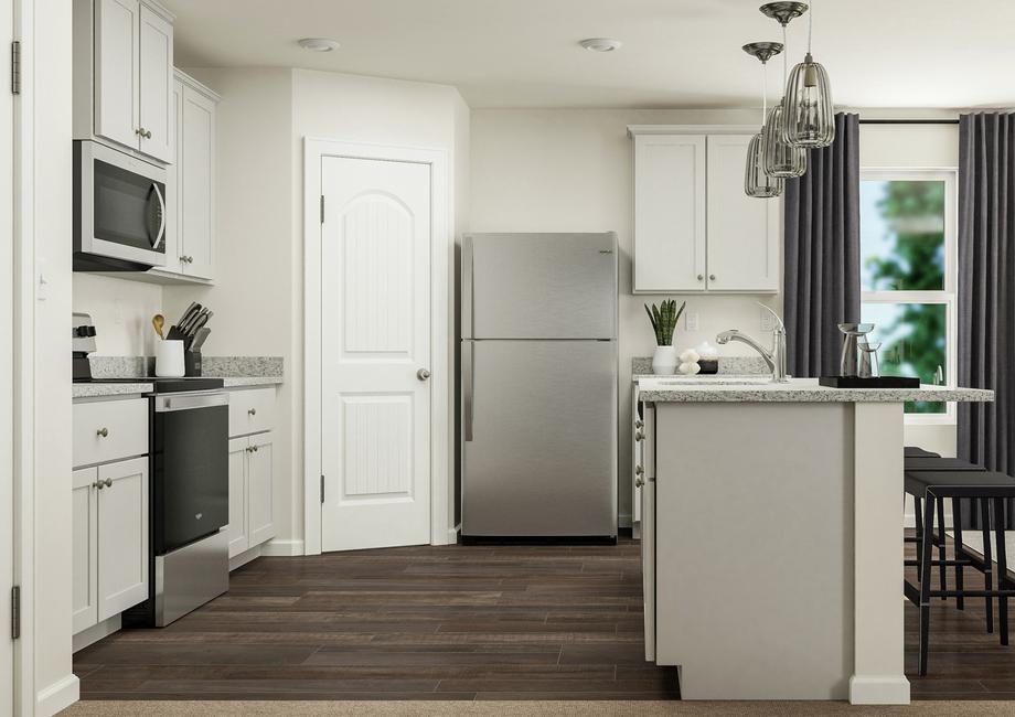 Rendering of the kitchen with vinyl plank
  flooring, white cabinetry and stainless steel appliances.Â 
