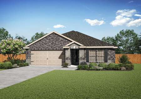 Kendall completed home rendering with green grass, lush plants, and brick facade