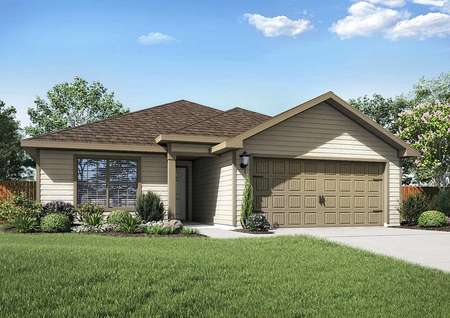 Rio Grande model rendering with cream siding, brown garage door and fascia, and lush landscaped yard