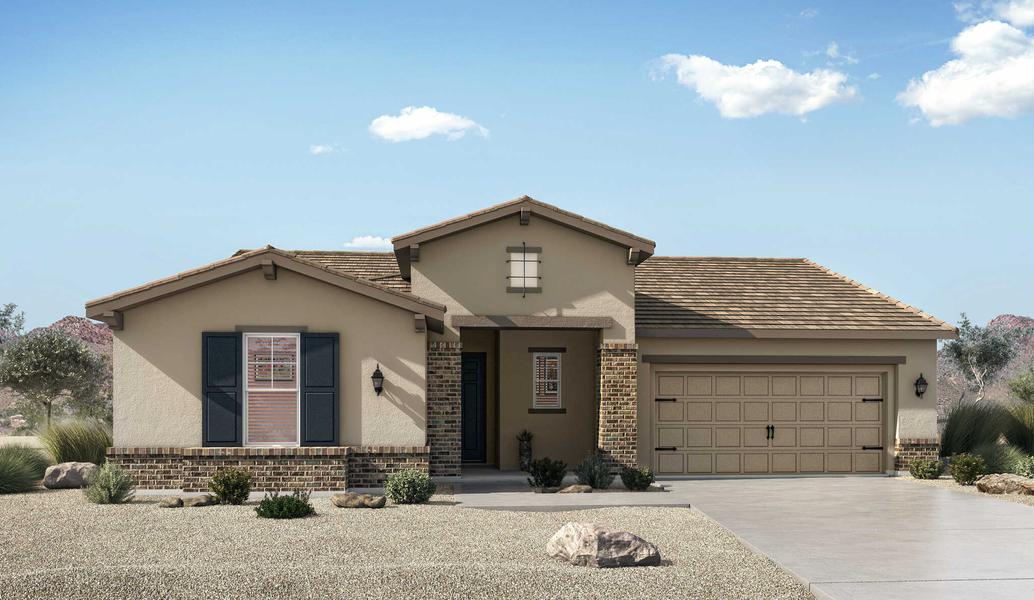 Bartlett new home rendering with gravel front yard, long driveway, and stone façade walls