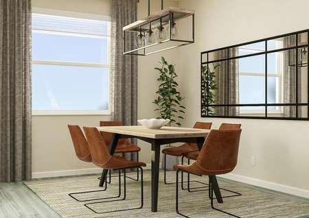 Rendering of
  dining room showing a wood and metal table and 6 chairs, a metal light
  fixture, wood look flooring, and a large window.