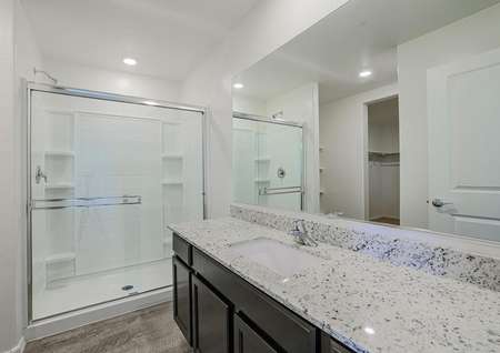 Gorgeous master bathroom with white-tiled shower and an incredible vanity with granite countertops.