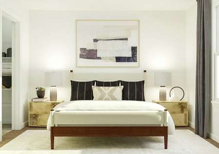 Rendering of owners bedroom with large
  bed, dual side tables, adjacent to linen closet.