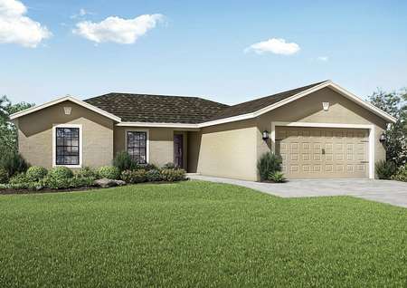 Fiesta Key floor plan exterior view of the home with a two-car garage and a lush green grass front yard.