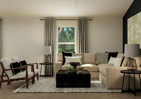 Rendering of the living room furnished
  with a sectional couch, two chairs and a coffee table positioned in front of
  a window.
