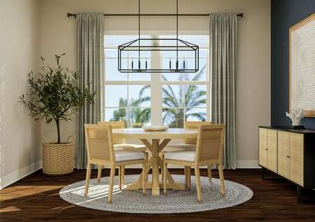 Rendering of dining room showing a round
  table and chairs with light fixture above a large window and surrounding
  décor with dark wood look flooring throughout.