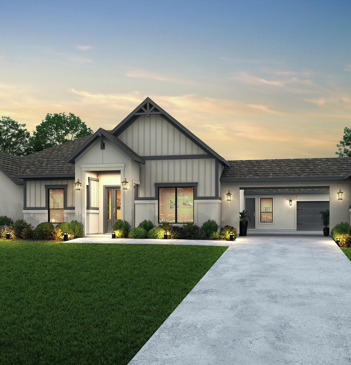 Dusk rendering of the Garza plan with a porte cochere, tan stucco and siding accents.