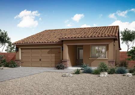 The Bisbee floor plan with a large front window, professional landscaping, brown exterior paint and stone details.
