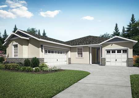 The Sullivan plan is single-story home with a three-car garage, tan stucco and blue siding accents.