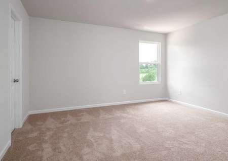 Lee bedroom with white trim, window, and lightly colored carpet flooring