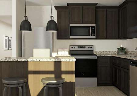 Rendering of the kitchen with island,
  brown cabinetry, granite counters and stainless steel appliances.