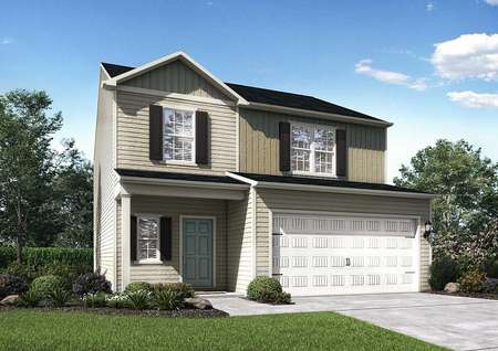 Avery home rendition of the exterior with two floors, white garage door, and green grass