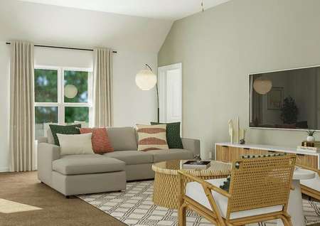 Rendering of living room with large
  couch, additional seating, window behind couch, and tv to the side.