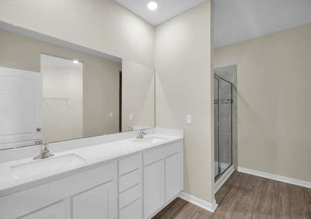 Double sinks, a step-in shower and a large walk-in closet complete the full bathroom in the home's master retreat. 