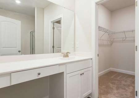 Alamance master bathroom with large vanity, carpeting, and walk-in closet