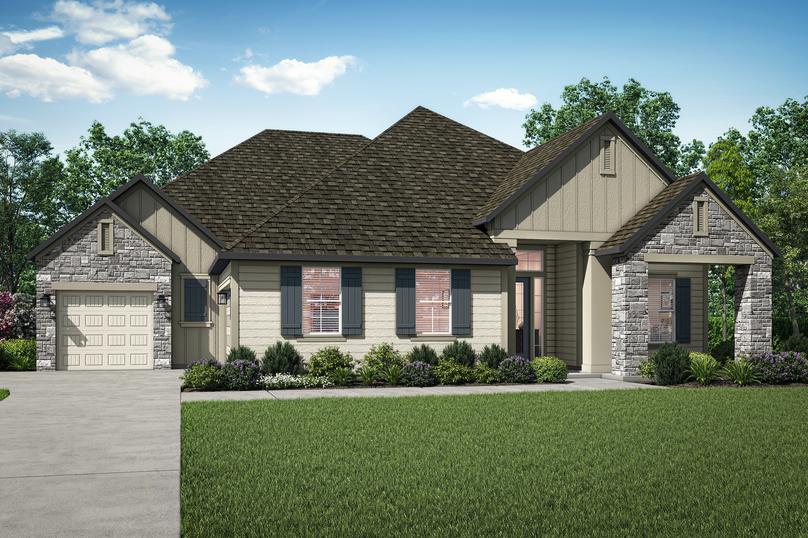 The Waycross has a gorgeous exterior with stone and siding as well as the added charm of window shutters.