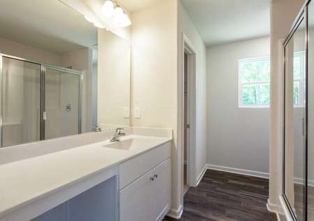 Fripp master bath with large white vanity, walk-in closet, and walk-in shower