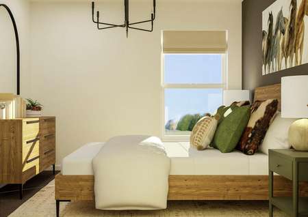 Rendering of the secondary bedroom
  featuring a large bed and dresser with horse-themed décor throughout.