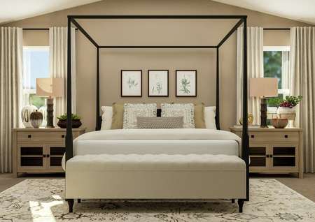 Rendering of the spacious master bedroom
  with vaulted ceiling, two windows and carpeted flooring. The room is
  furnished with a large bed, two nightstands and a rug.