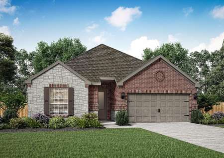 Artist rendering of front elevation of the Atchison C by LGI Homes with brick and stone accents.