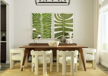 Rendering of the formal dining room  featuring a modern dining table and chairs, media cabinet, and wall art.