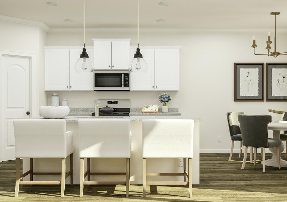 Rendering of the kitchen and breakfast
  nook in the Hartford. The kitchen has white cabinetry, granite counters and
  an island furnished with three barstools. The breakfast nook has a
  four-person table.