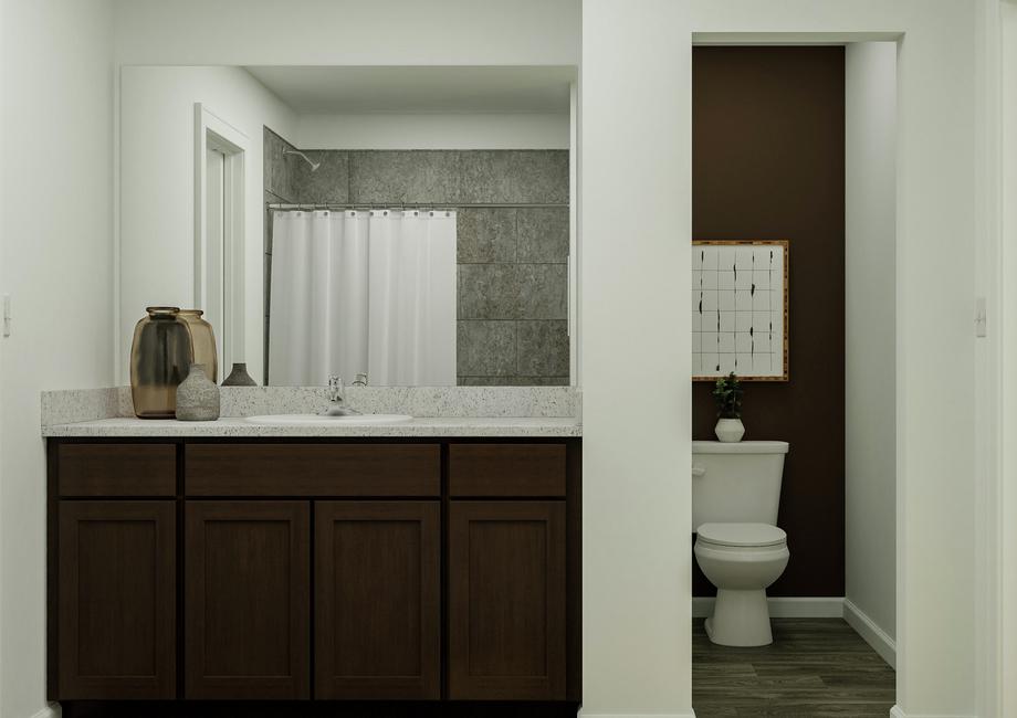 Rendering of the owner's bathroom
  showcasing a large vanity, water closet, and view into the owner's bedroom.