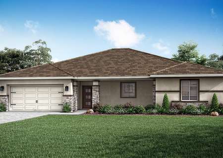The Pismo is a spacious one-story home with a stucco and stone exterior.