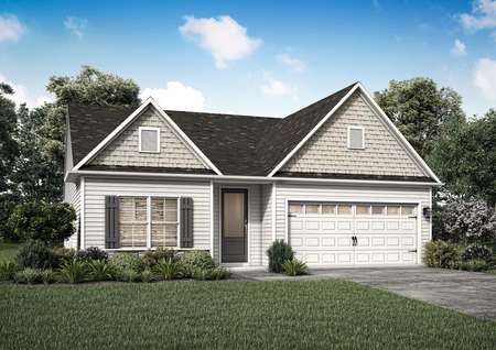 Elevation rendering of the Allatoona with a water table, front yard landscaping and shutters.