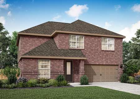 Artist illustration of the two-story Roosevelt by LGI Homes with reddish brick and brown paint trim.