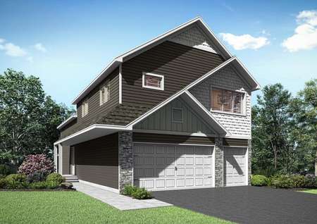 Artist rendering of the split-level St. Joseph plan by LGI Homes, with gray, brown and white siding, gray stone and a front door side entrance.