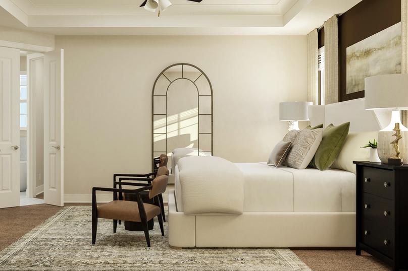 Rendering of spacious master bedroom
  showing a wooden dresser with dÃ©cor on the left and a large white framed bed
  with accent chairs on the right and beige carpet flooring throughout.
