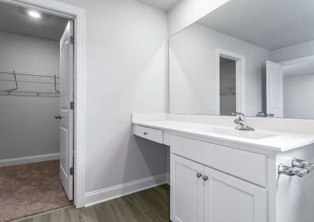 Master bathroom with a large vanity and vinyl flooring. 