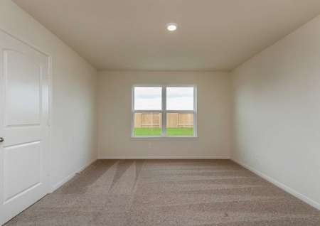 Blanco bedroom with white doors and trim, dark brown carpet, and backyard facing window