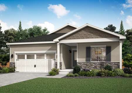 Rendering of the Pike plan showcasing a large covered front porch and a two-car garage.