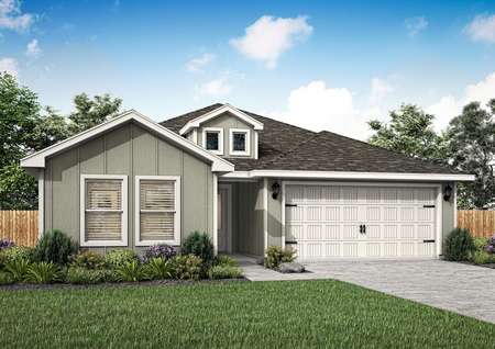 Upgraded, new-construction home with large windows and a two-car garage.