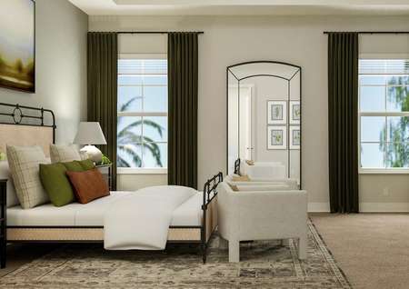 Rendering of spacious master bedroom
  showing a wooden dresser with décor on the rightand a large  framed bed with accent chairs on the left
  and beige carpet flooring throughout.
