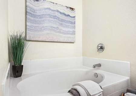 Maple staged bathroom with blue painting on the wall, green grassy plant in a black pot on the bathtub, and multiple white towels hanging over the side of the bath