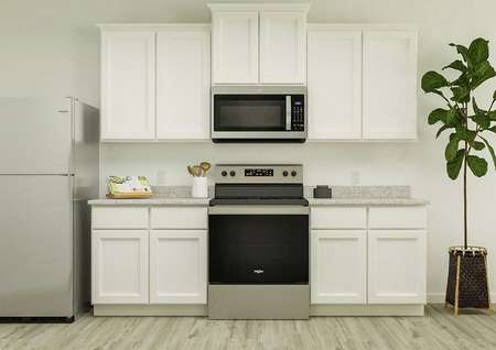 Rendering of kitchen area with countertop
  and cookbook with white finishes.