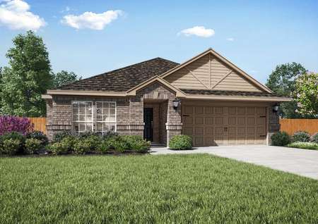 Rendering of the Topeka plan with light brick exterior and tan siding.