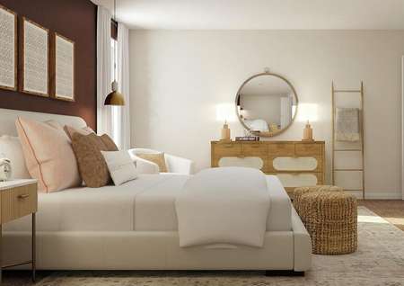 Rendering of a spacious bedroom with a
  large bed, white armchair, dresser with large round mirror and a blanket
  ladder.