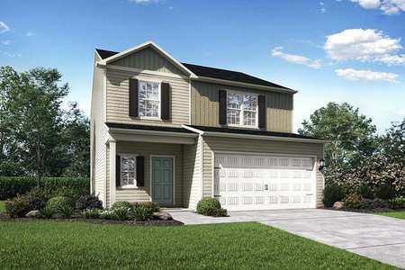 Avery home rendition of the exterior with two floors, white garage door, and green grass