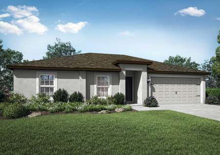 Deltona new home rendering with green grass, two car garage, and light colored siding with dark roof