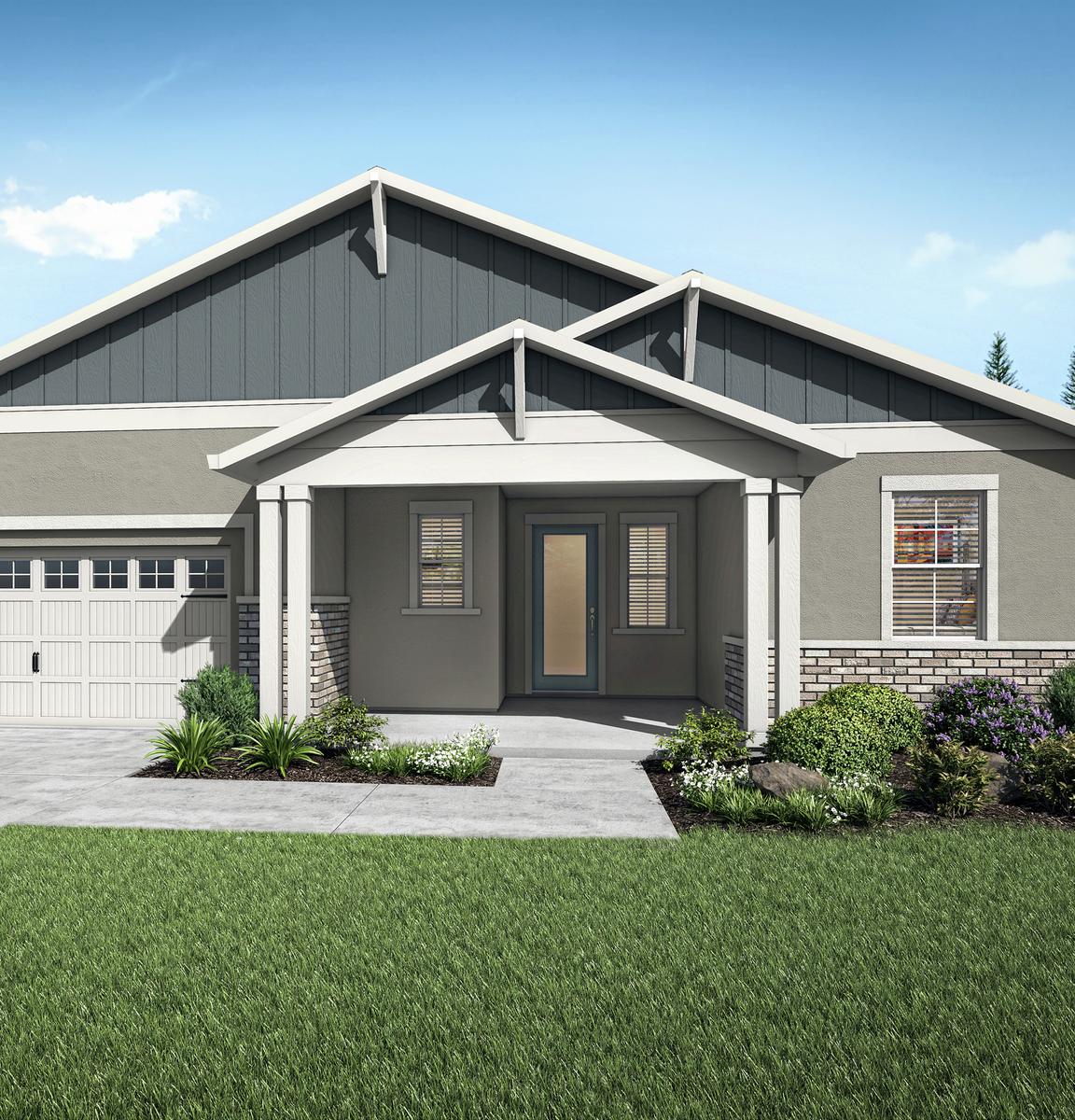 The Marshall plan is a single-story home with gray stucco and blue siding accents.