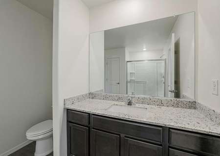 Master bathroom includes granite covered vanity with espresso wood cabinets.