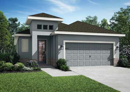 One-story home with front yard landscaping, a covered entryway and a two-car garage.