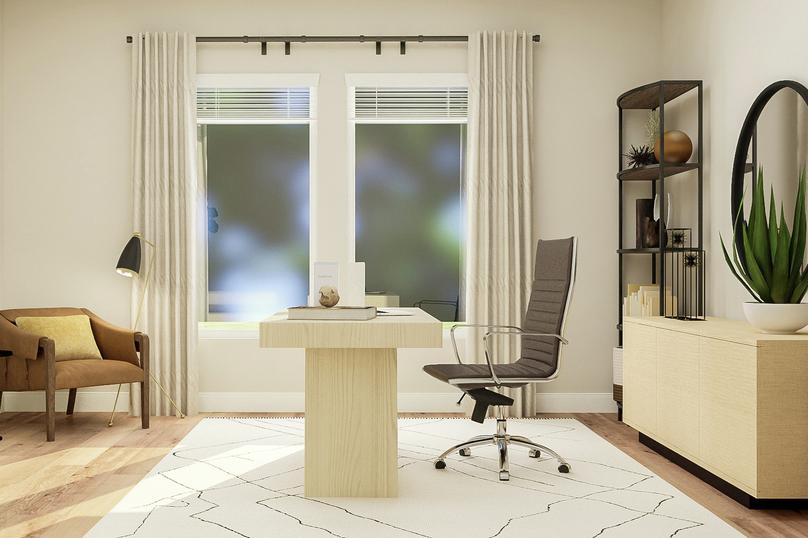 Rendering of the home office showing an
  accent chair left, a desk and chair in front of a large window center, and a
  media cabinet and open shelving along the wall on the right.