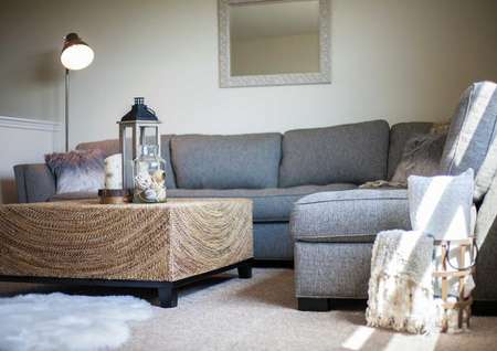 Gray sectional sofa, wooden coffee table with ornament on top and throw pillows.