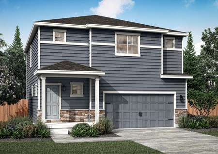 Rendering of the two-story Platte, showcasing stone and siding with professional landscaping.